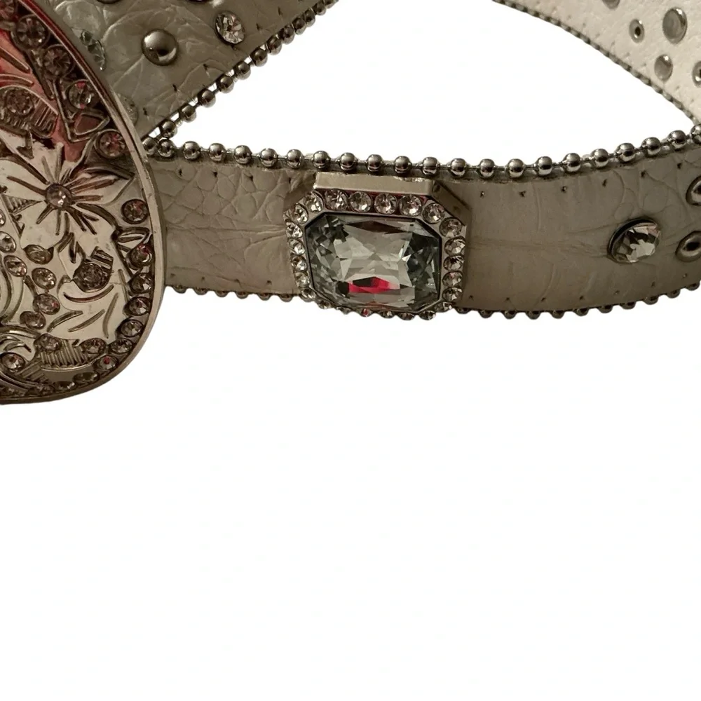 Western rhinestone studded belt cowgirl rodeo pageant bling buckle white large